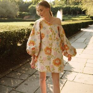 Arianne Cream Mini Dress with Orange and Pink Floral Embroidery